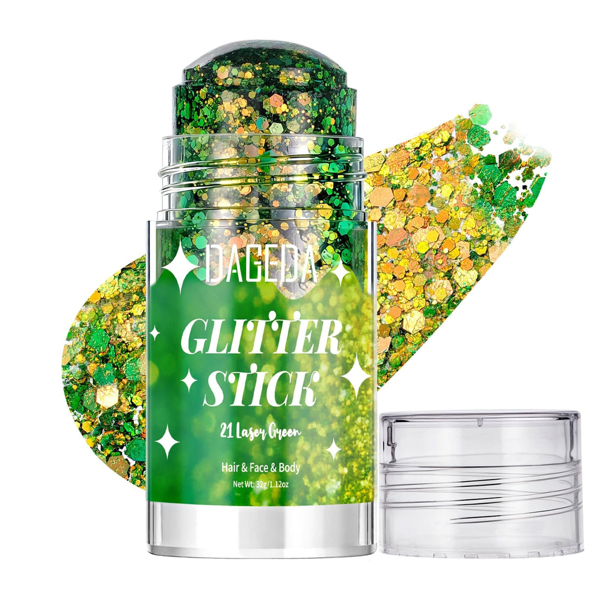DAGEDA front packaging showing chameleon green glitter stick and branding