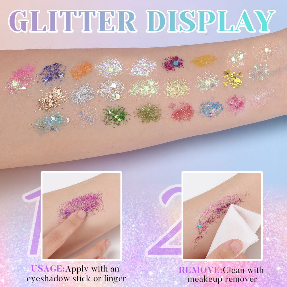 DAGEDA close-up of mixed glitter textures and shapes highlighting holographic shine and blendable gel