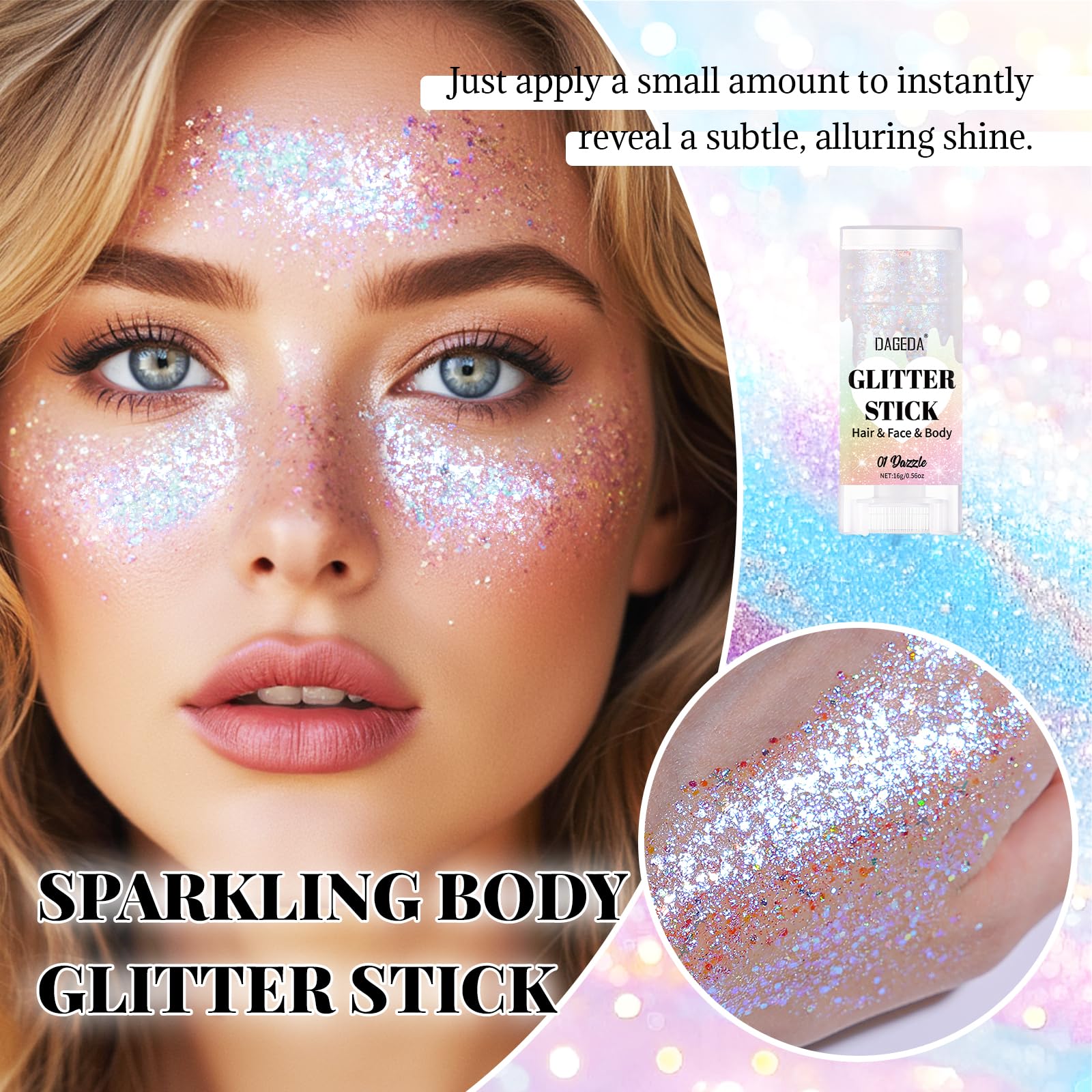 DAGEDA close-up chunky glitter texture revealing holographic particles and star flakes