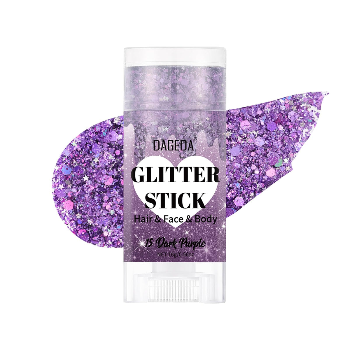 DAGEDA dark purple glitter stick front packaging shows color and benefit