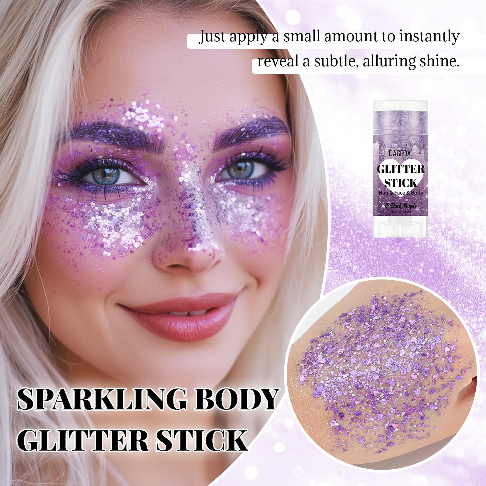 DAGEDA glitter stick tip close-up showing dense holographic particles