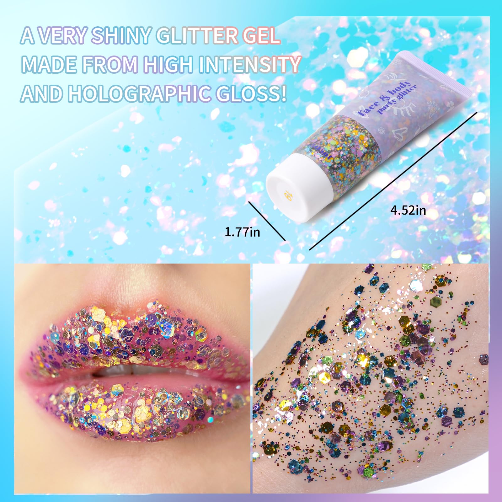 DAGEDA glitter on cheek and brow highlighting reflective face accent