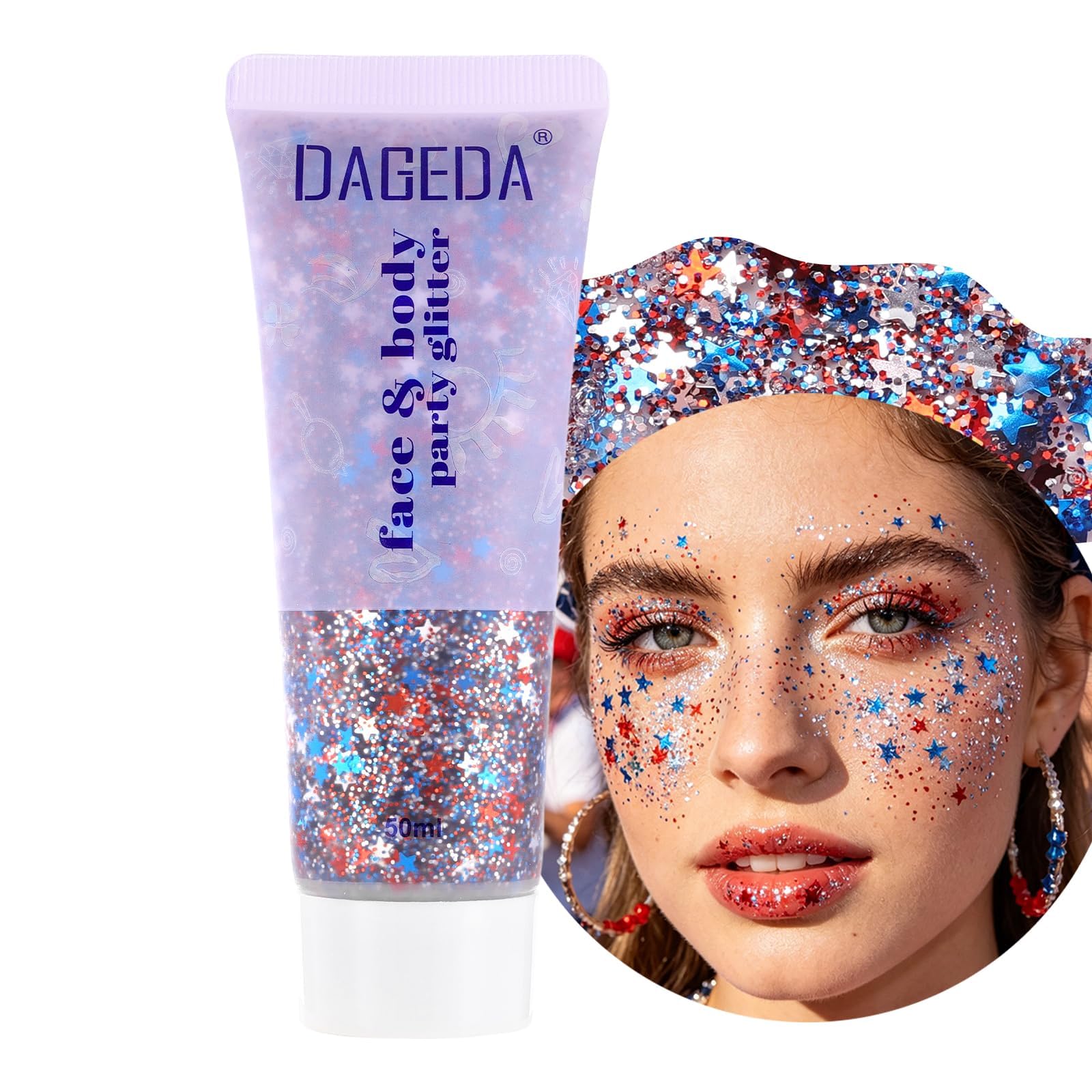 DAGEDA jar front view showing red white blue star glitter and clear gel for instant patriotic shine
