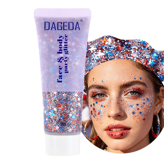 DAGEDA jar front view showing red white blue star glitter and clear gel for instant patriotic shine