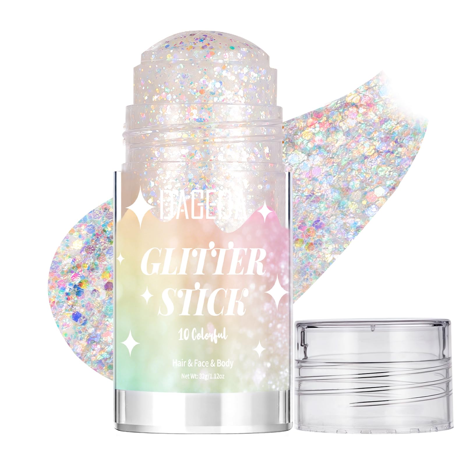 DAGEDA glitter stick front packaging showing holographic label and compact size benefit instant sparkle