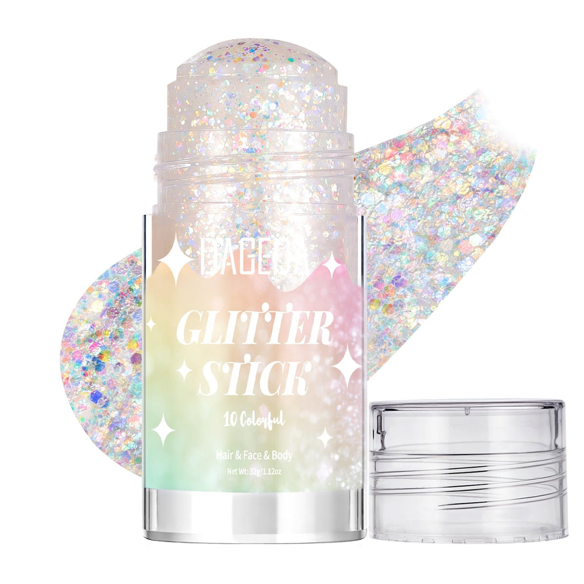 DAGEDA glitter stick front packaging showing holographic label and compact size benefit instant sparkle