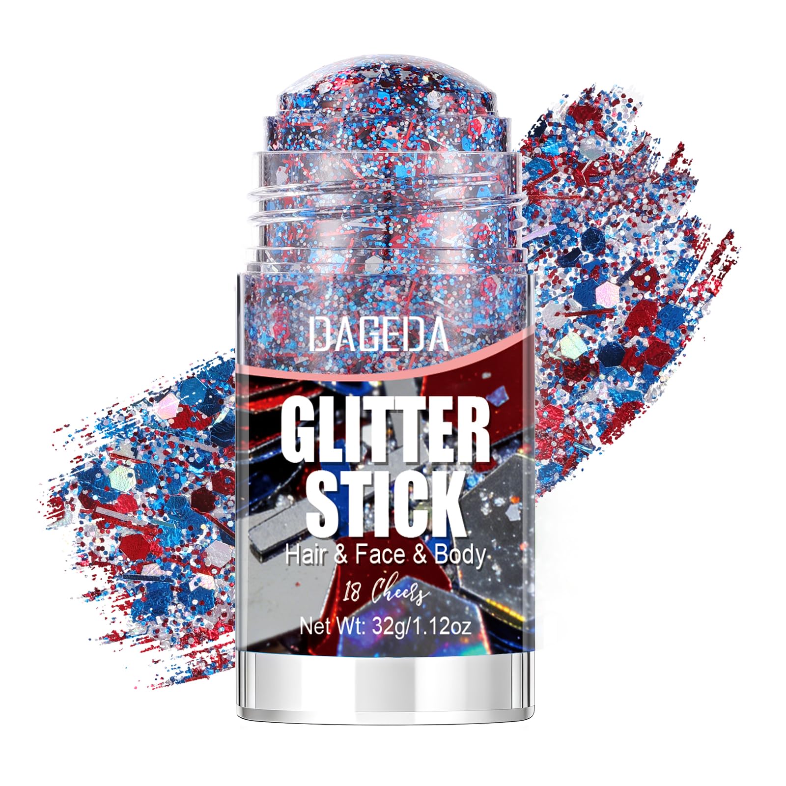 DAGEDA glitter stick front packaging showing patriotic colors and portability