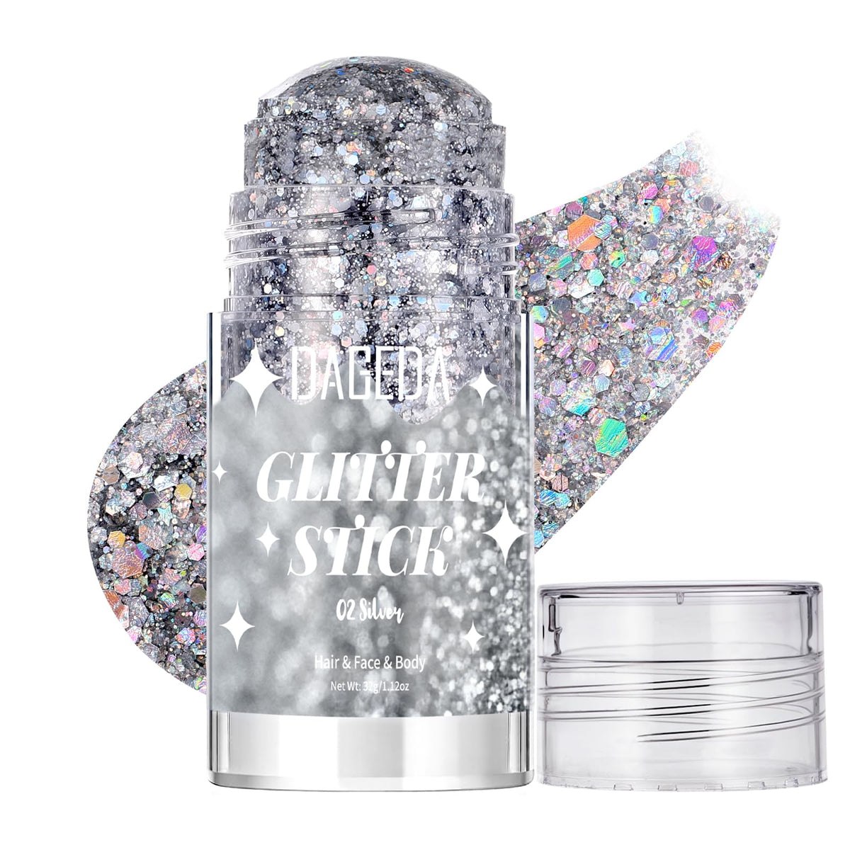 DAGEDA front packaging glitter stick showing compact travel-friendly design and instant sparkle