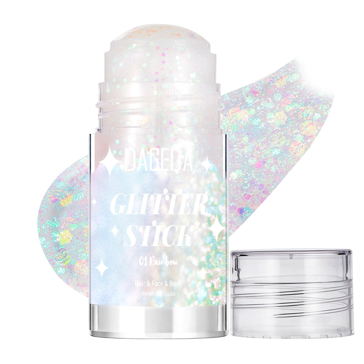 DAGEDA front packaging of glitter stick showing compact design and shimmer benefit