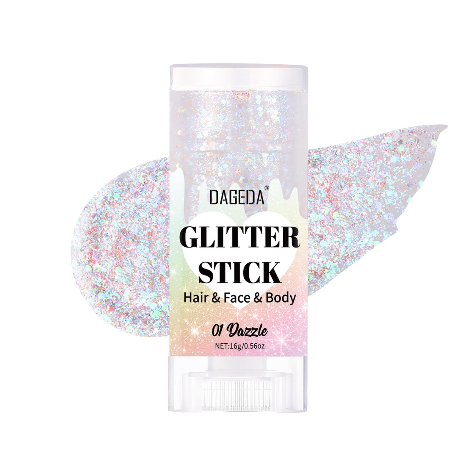 DAGEDA front packaging glitter stick showing compact, travel-ready design for convenience