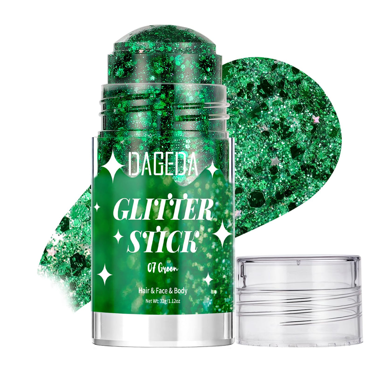 DAGEDA front packaging showing green holographic glitter stick and cap benefits
