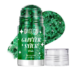DAGEDA front packaging showing green holographic glitter stick and cap benefits