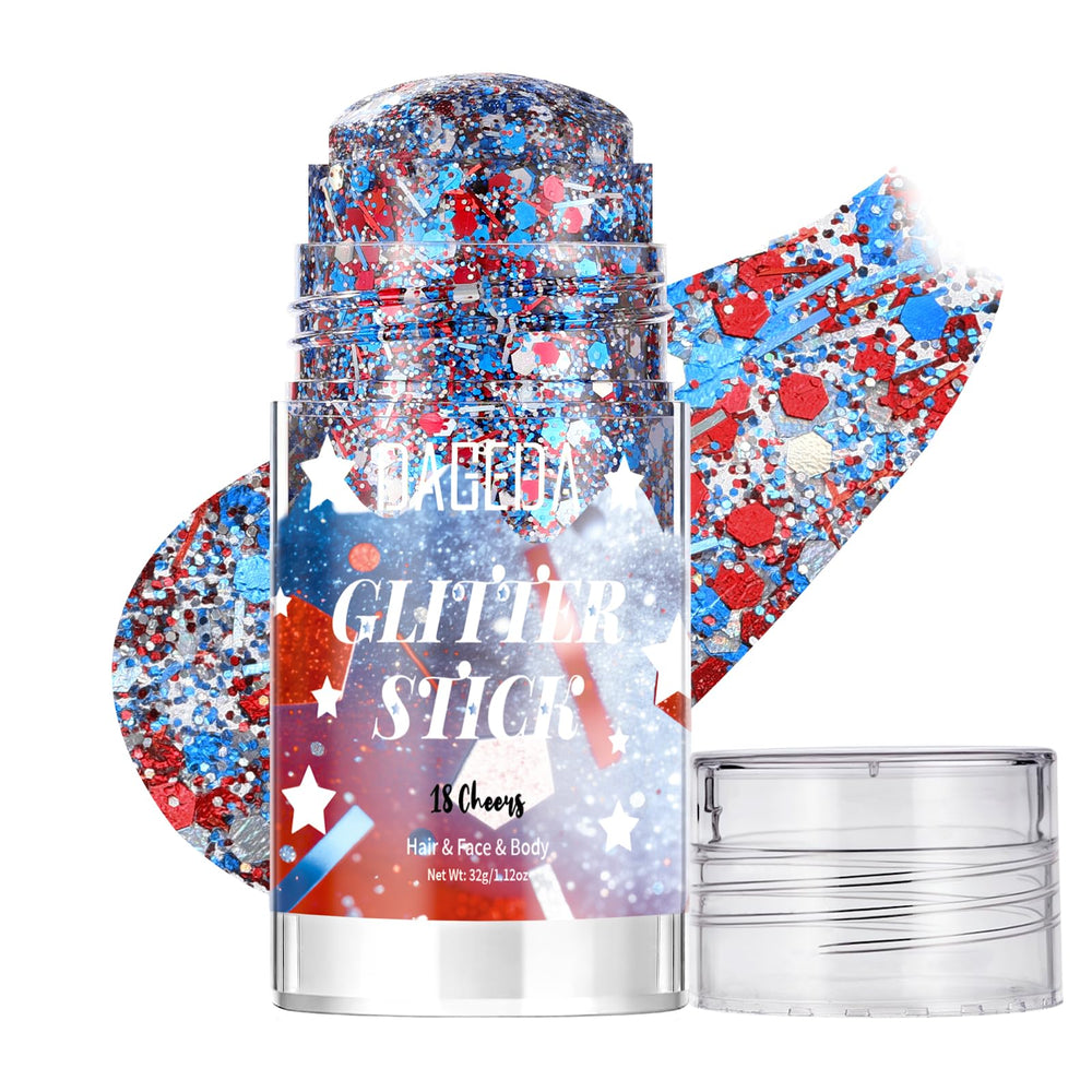DAGEDA front packaging showing patriotic glitter stick and travel-friendly cap for easy use