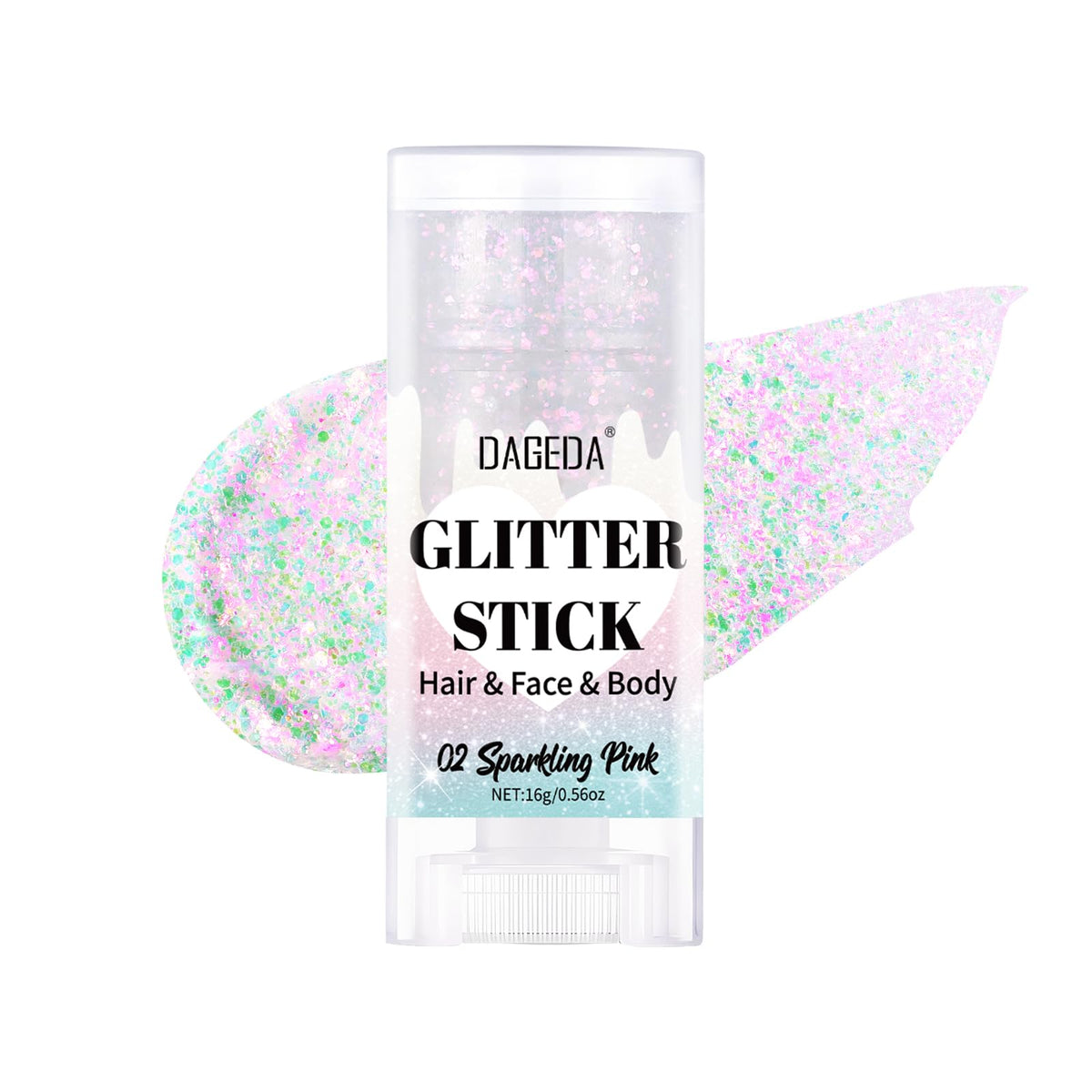 DAGEDA front packaging showing pink glitter stick and compact design benefit