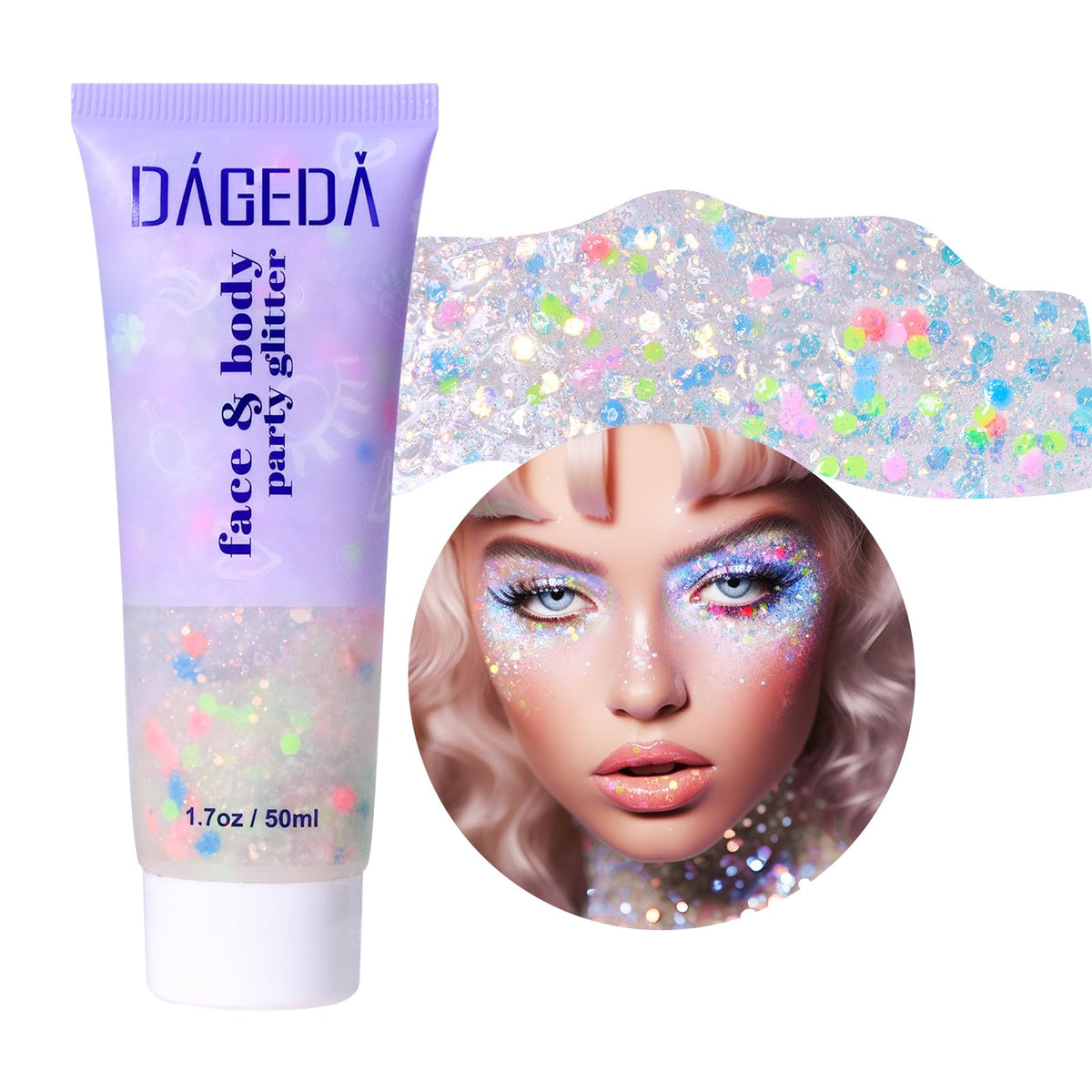 DAGEDA front pack jar showing glitter gel and label, bright product appeal