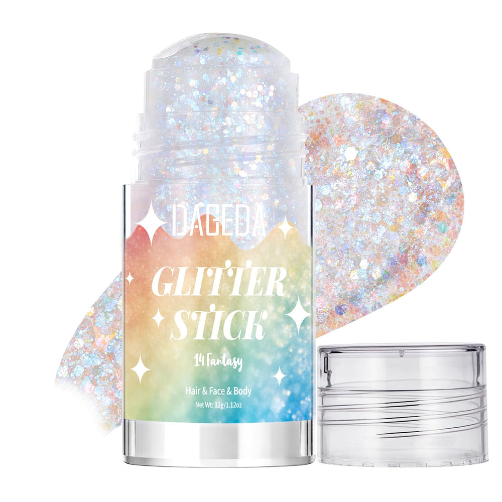 DAGEDA front packaging of glitter stick showing size and holographic finish for easy selection