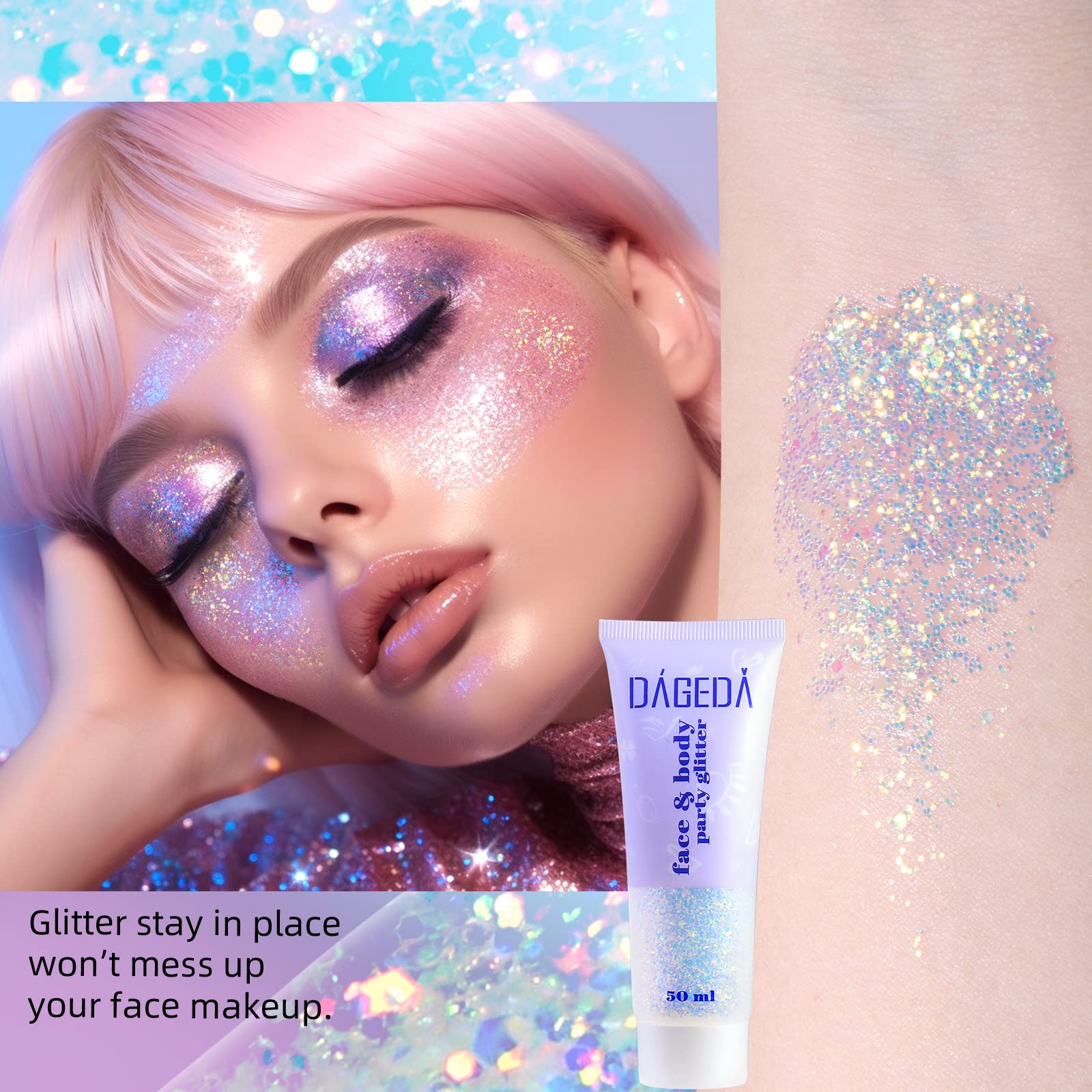 DAGEDA gel texture close-up revealing fine holographic particles and smooth base