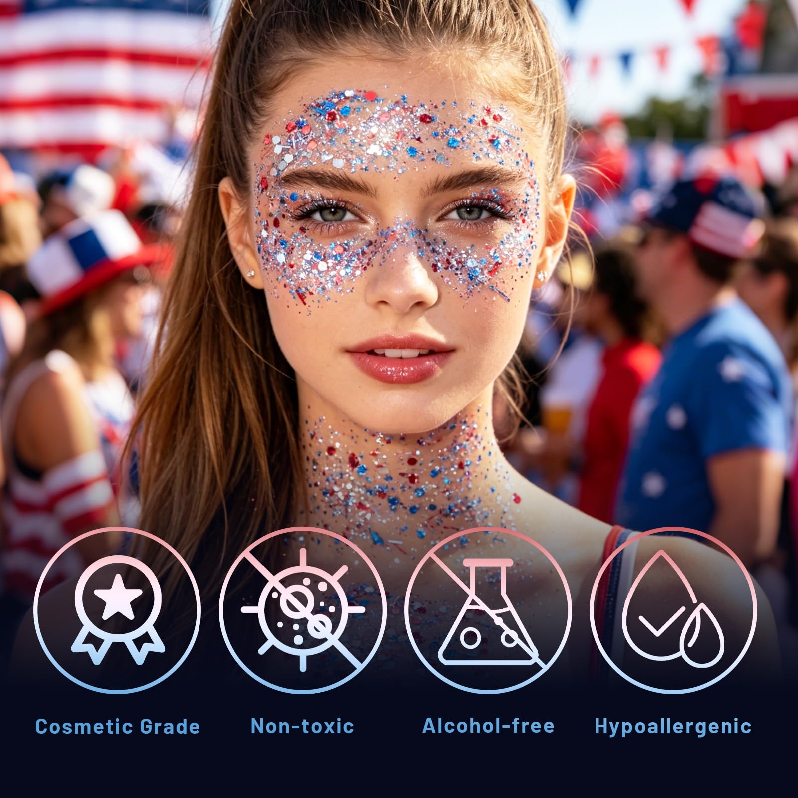 DAGEDA glitter applied on cheek for festival-ready glow and long-lasting effect