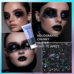 DAGEDA glitter on eyelid in use creates dramatic, stage-ready shimmer