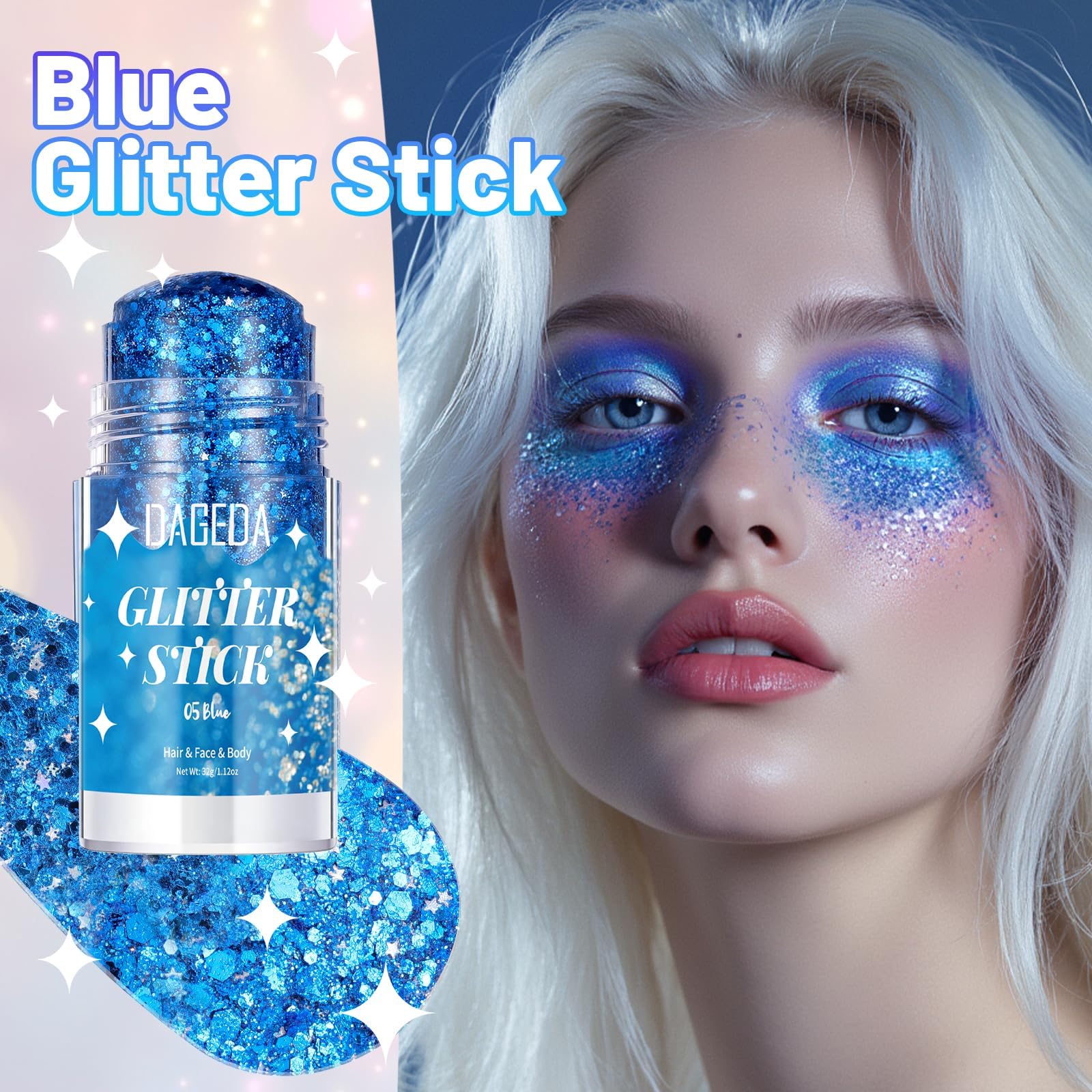 DAGEDA glitter stick closed with cap showing size comparison for travel