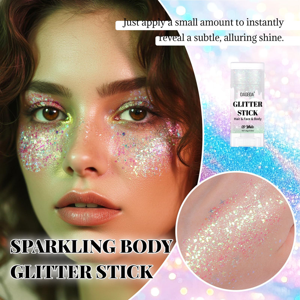 DAGEDA glitter stick open tip close-up revealing chunky holographic glitter texture