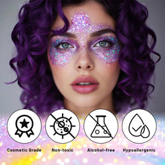 DAGEDA glitter swiped on cheekbone showing holographic payoff and long-wear finish