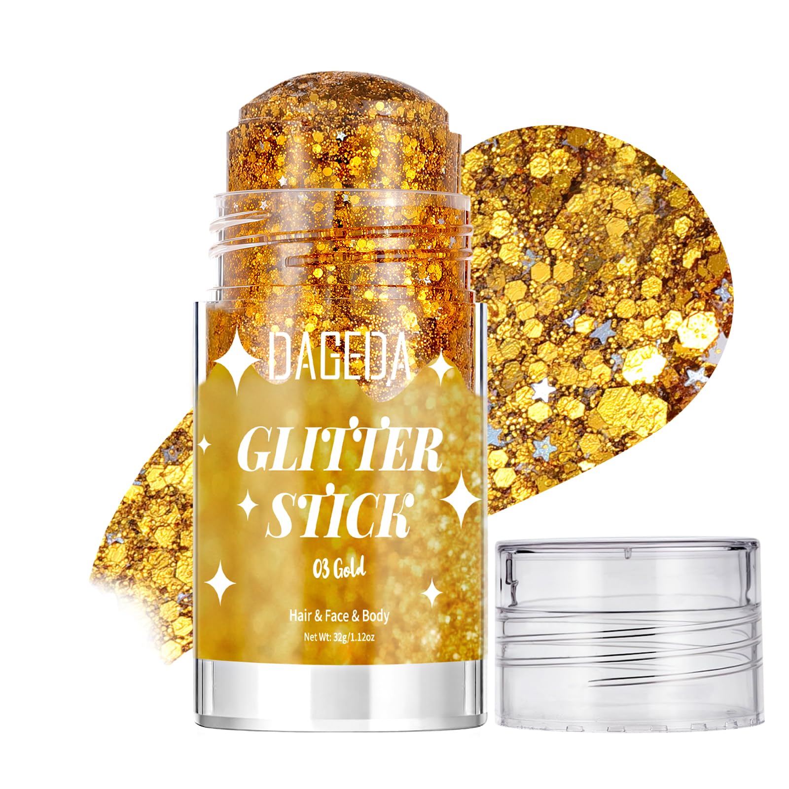 DAGEDA gold glitter stick front view showing packaging and compact size benefit