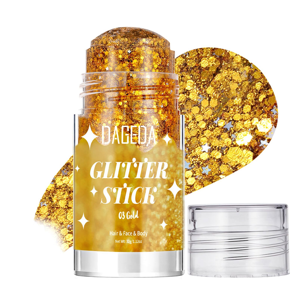 DAGEDA gold glitter stick front view showing packaging and compact size benefit