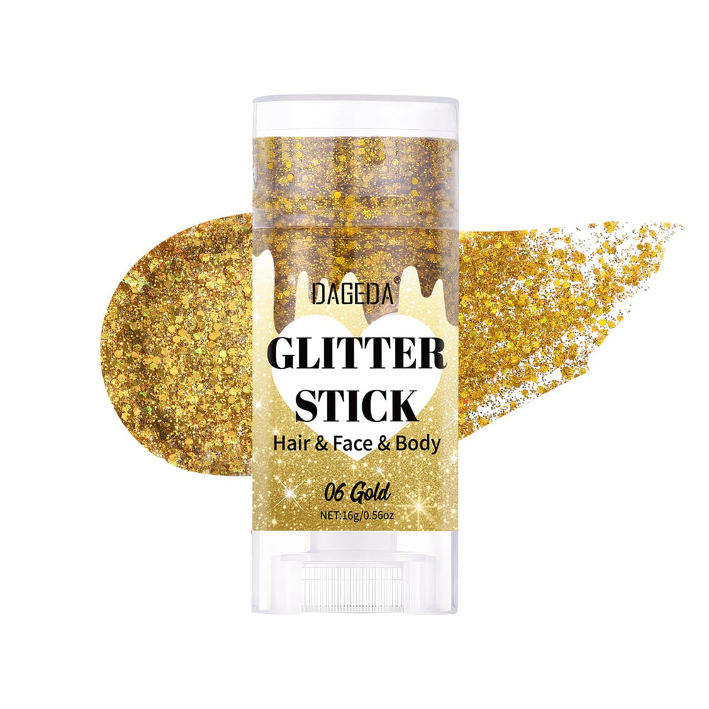 DAGEDA gold body glitter stick front packaging showing product benefit portable glam