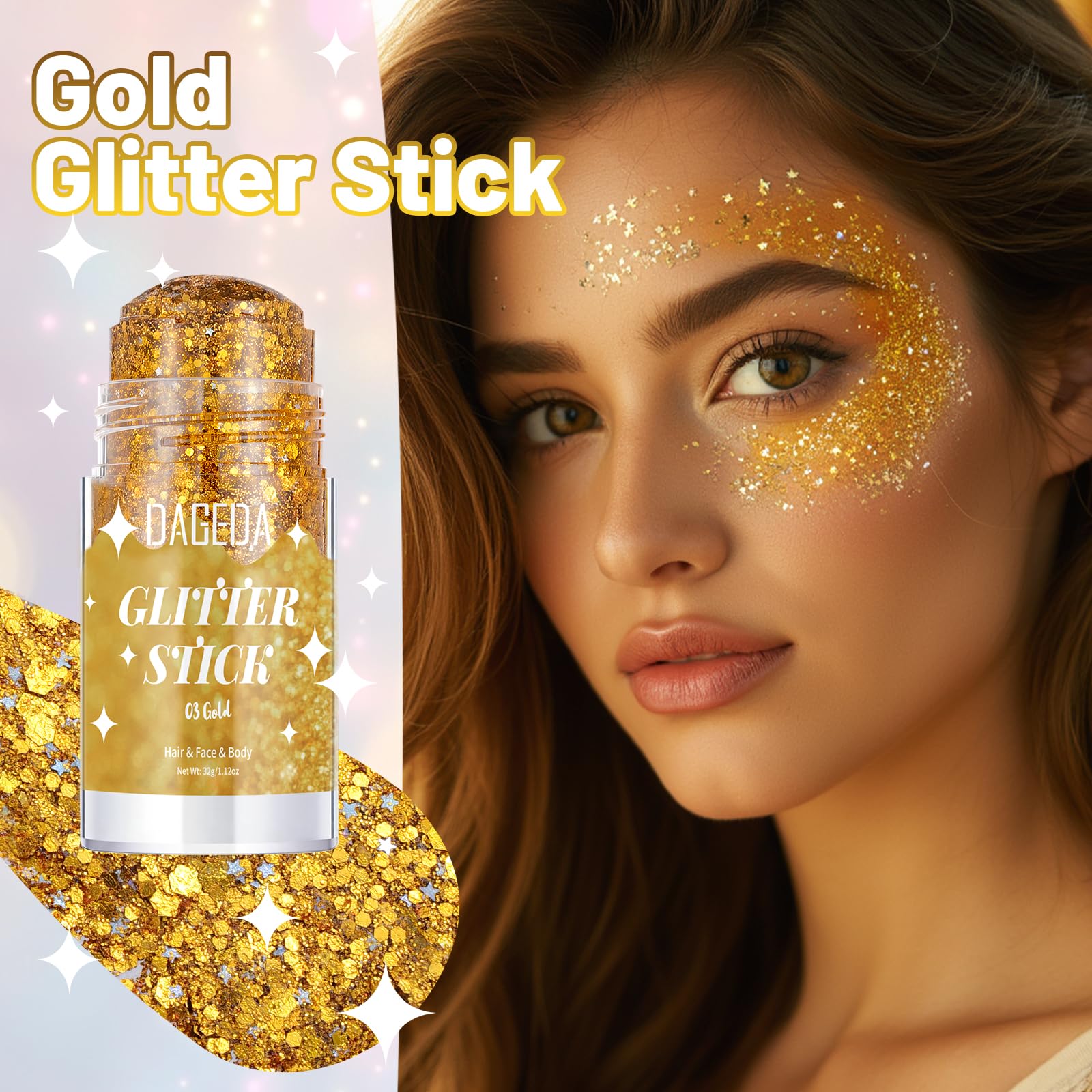 DAGEDA glitter stick open tip close-up showing smooth glide and precision