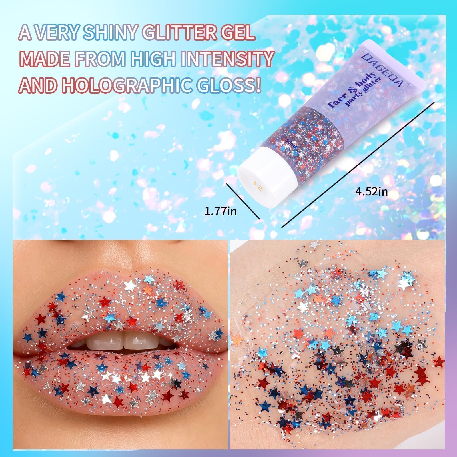 DAGEDA glitter gel in hair part adding red white blue highlights for eye-catching holiday style