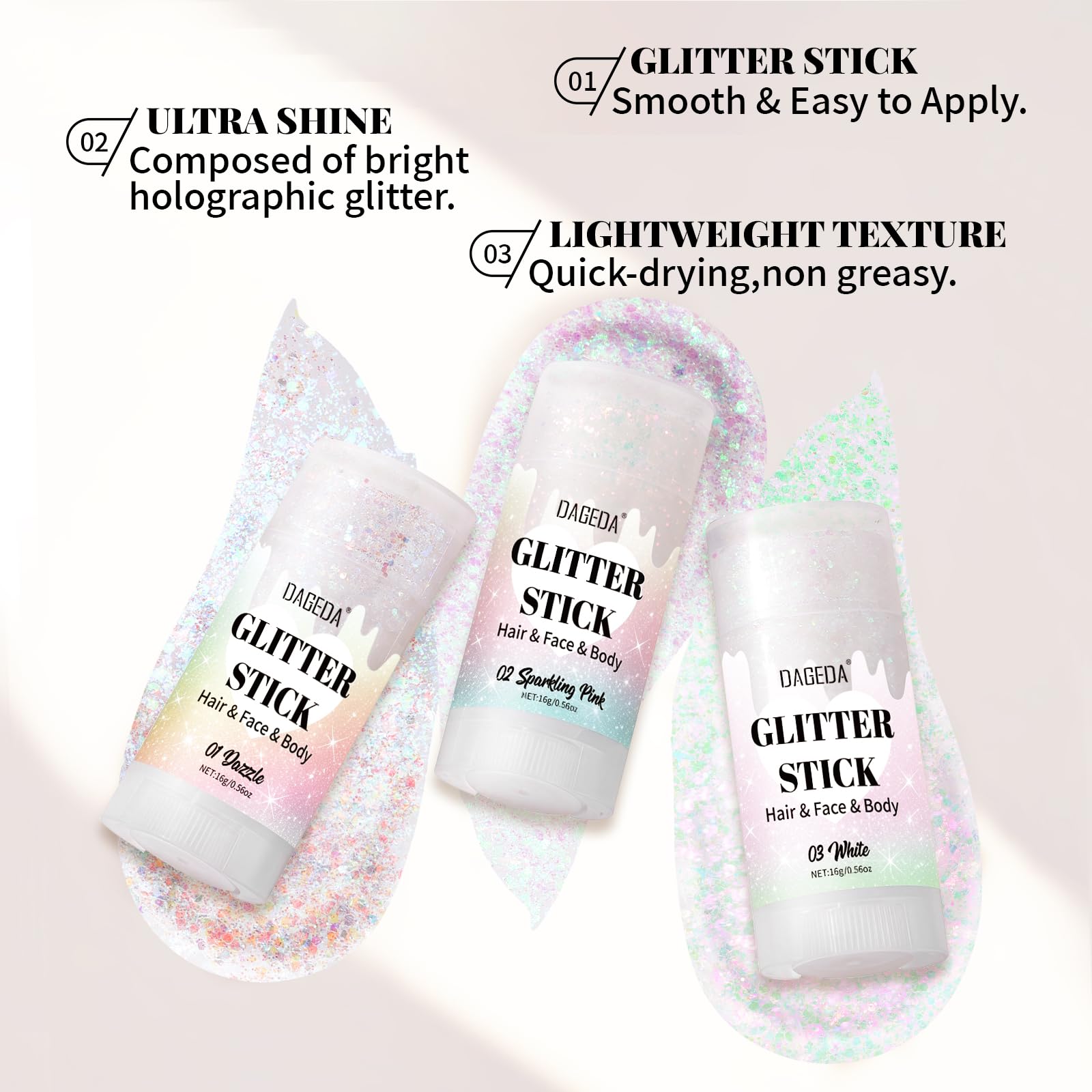 DAGEDA hair streak application showing glitter adding shine to festival hairstyles