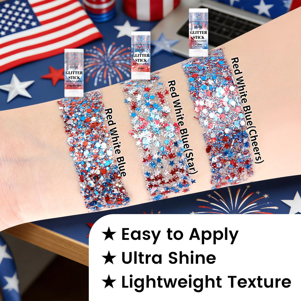 DAGEDA glitter streak in hair adding bold red white blue accents and eye-catching detail