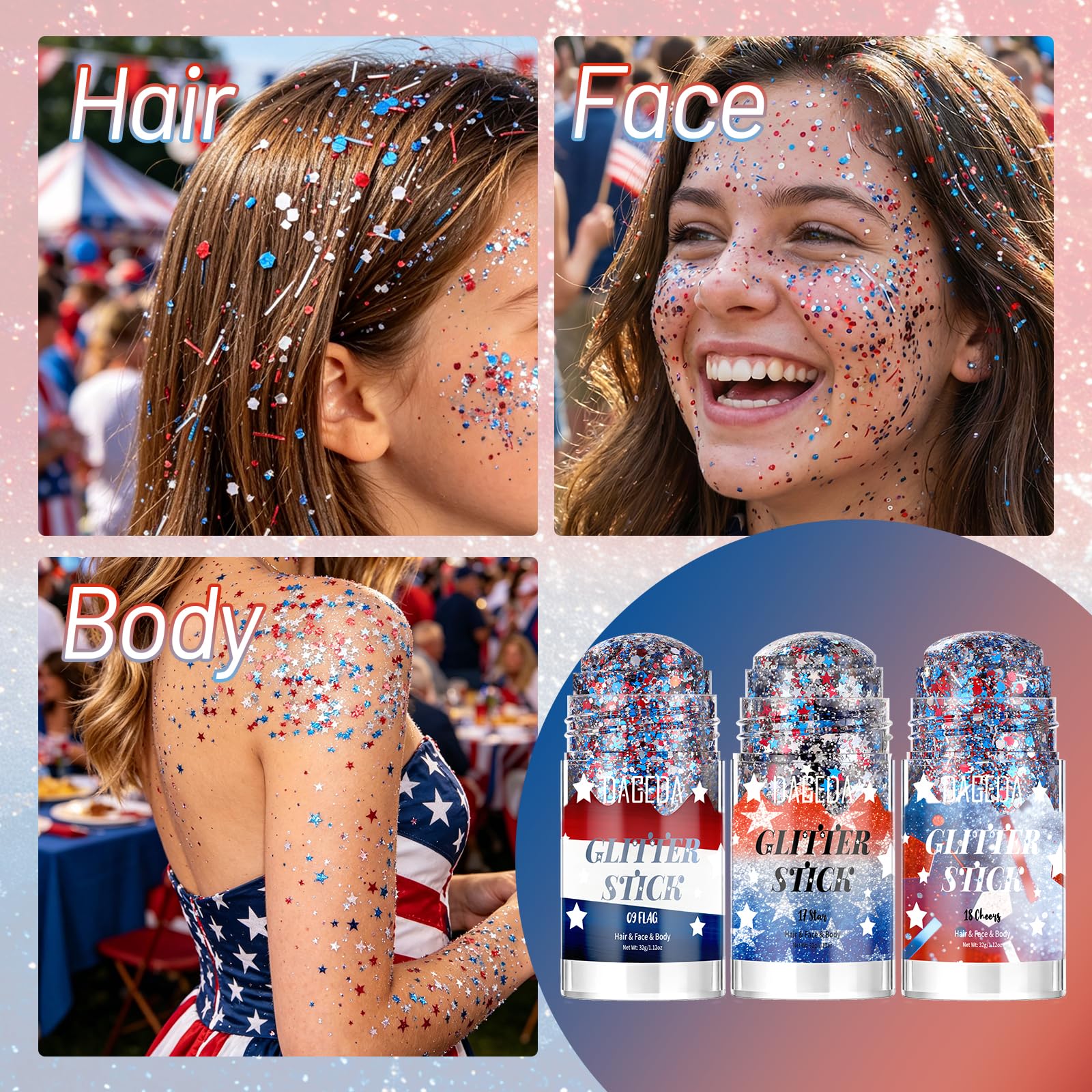 DAGEDA hair streaks in red and blue adding festive color and shine