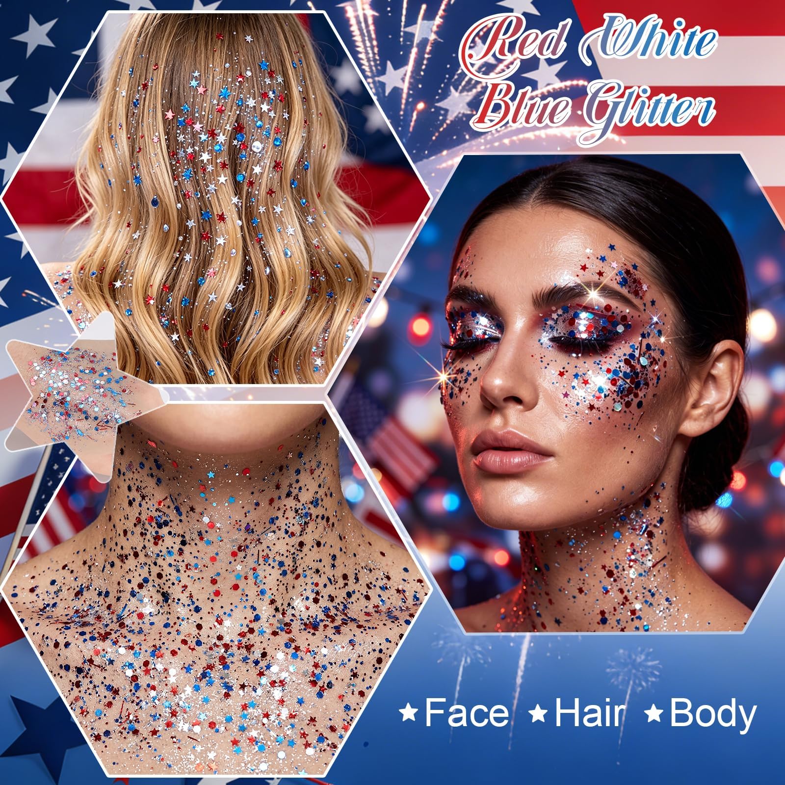 DAGEDA glitter used as hairline highlights adding patriotic sparkle