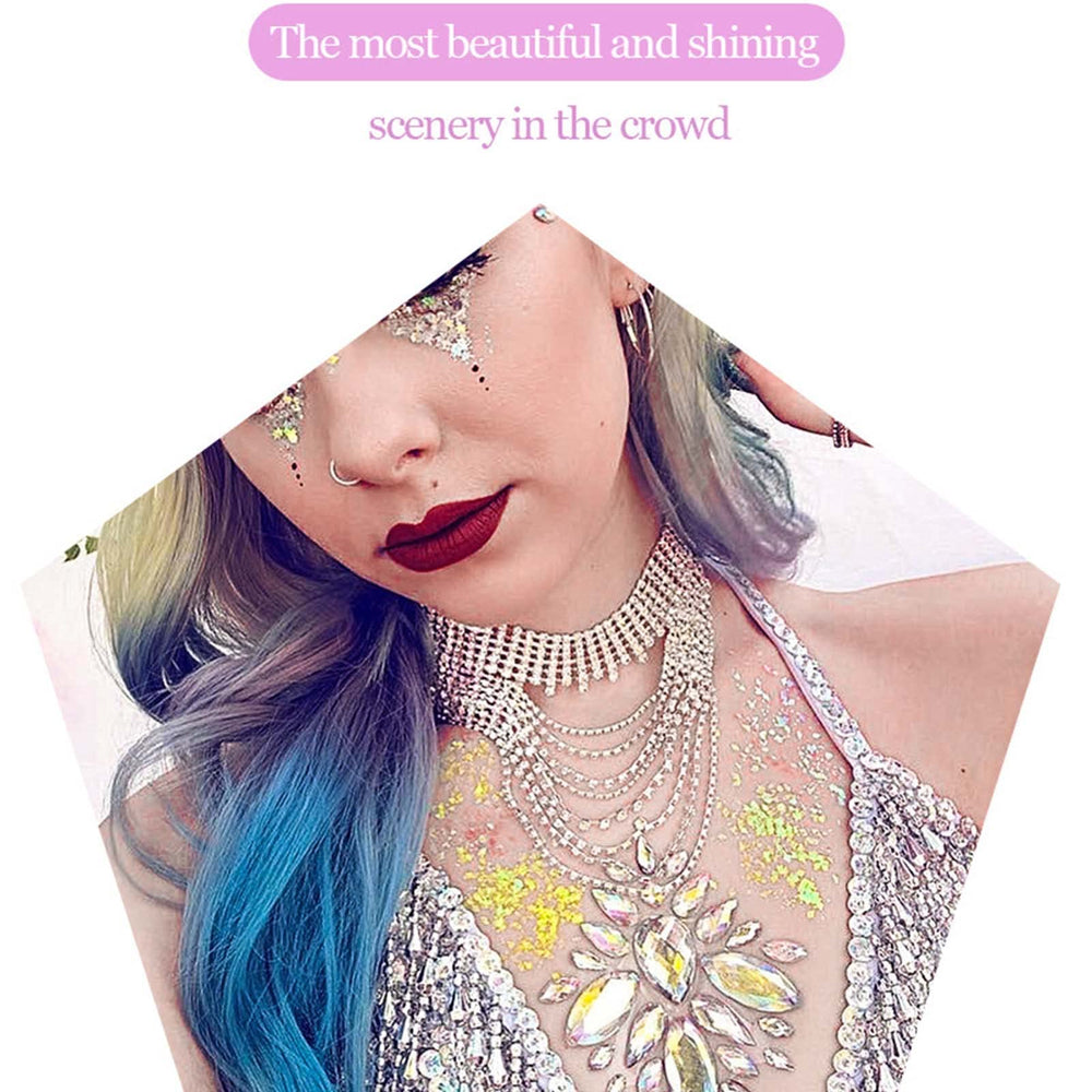 DAGEDA full-body festival makeup demonstrating long-lasting shimmering effect