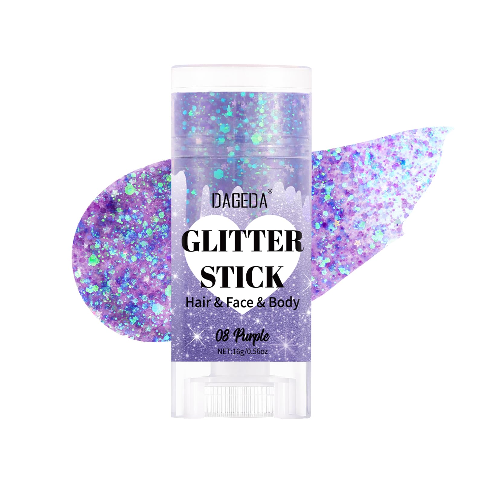 DAGEDA purple glitter stick front packaging showing product and cap, convenient travel size