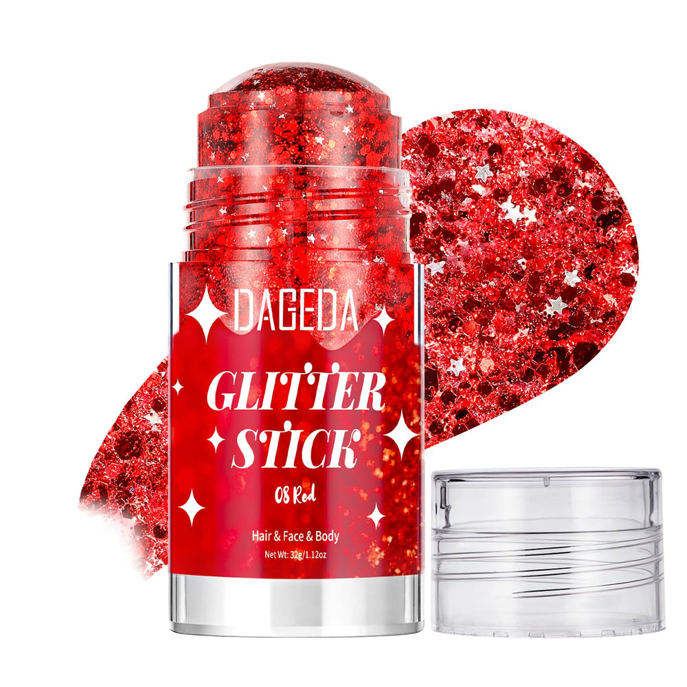 DAGEDA red glitter stick front packaging showing twist-up design and label benefit