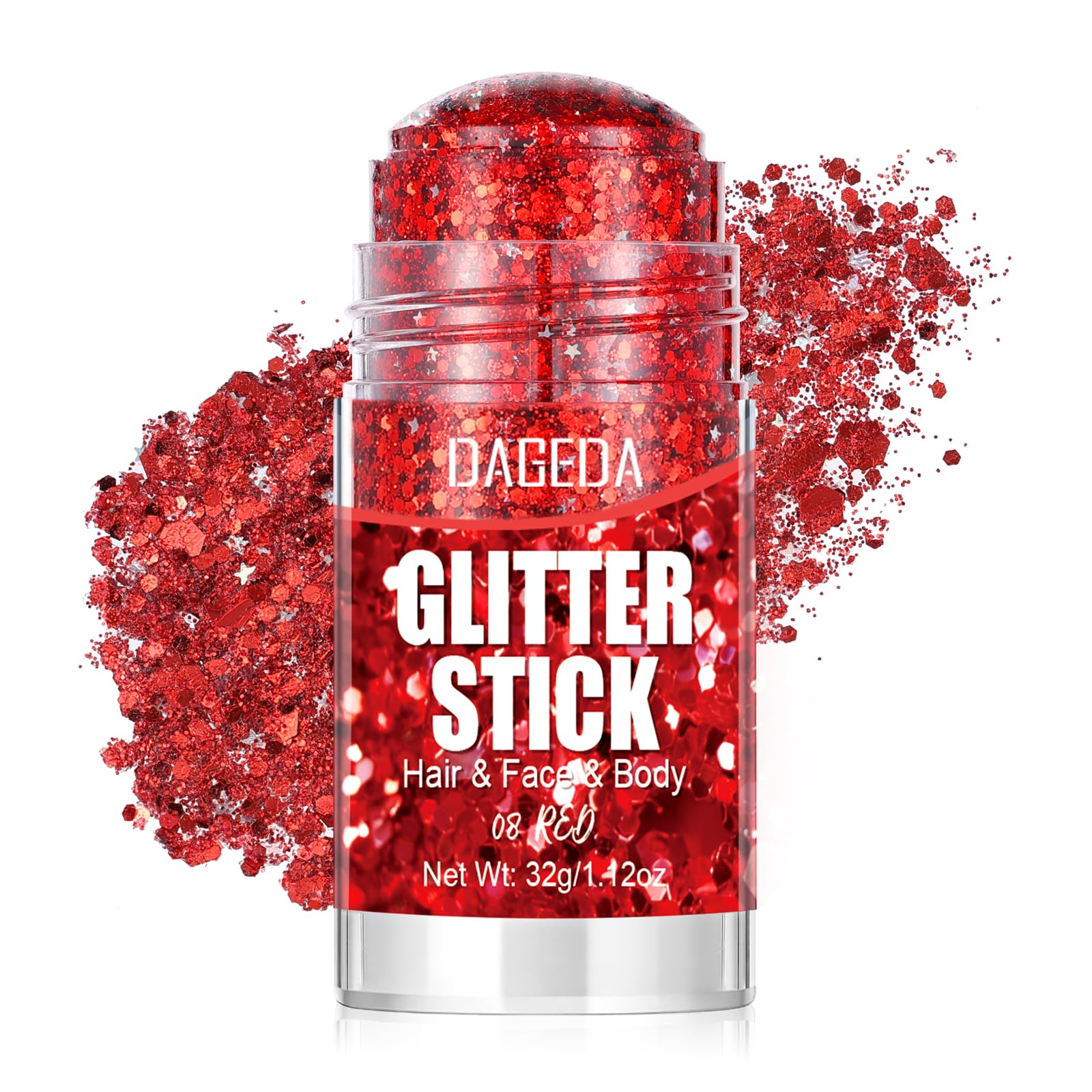 DAGEDA red glitter stick front packaging showing compact design and label benefit portability