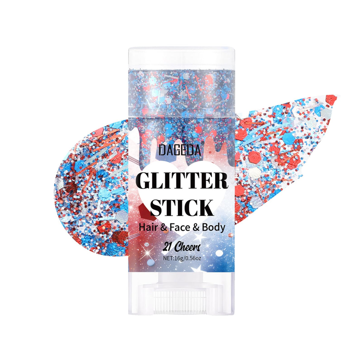 DAGEDA stick front packaging showing patriotic sparkle and portability benefit