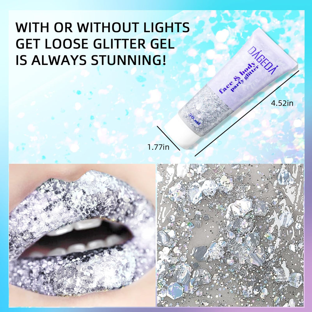 DAGEDA applied on cheekbone highlighting reflective silver shimmer in photos