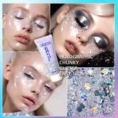 DAGEDA silver glitter on eyebrow and lid creating precise festival sparkle