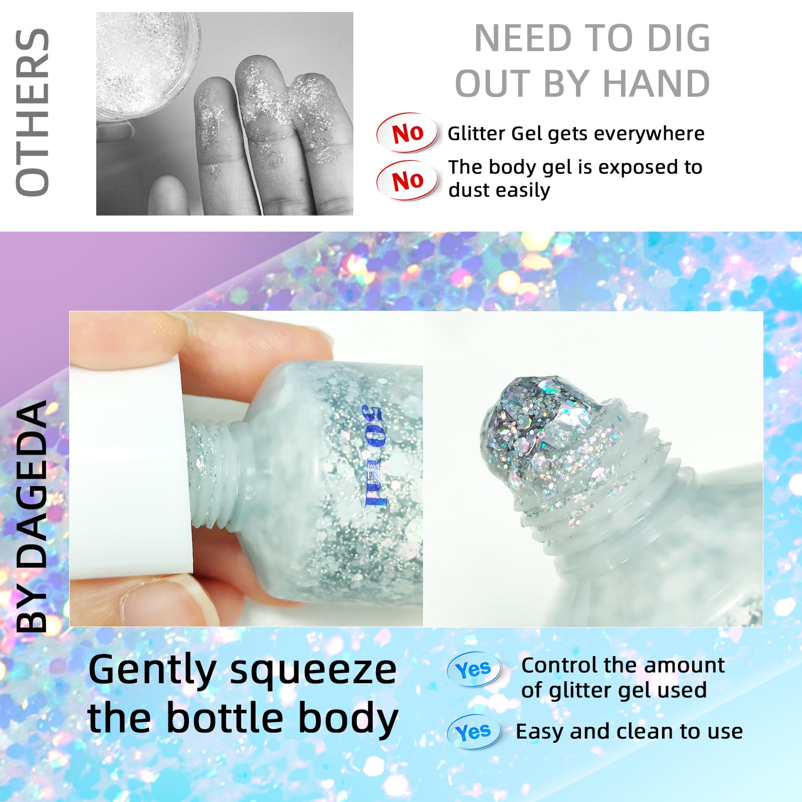 DAGEDA silver glitter pressed into nail topcoat for long-lasting shine