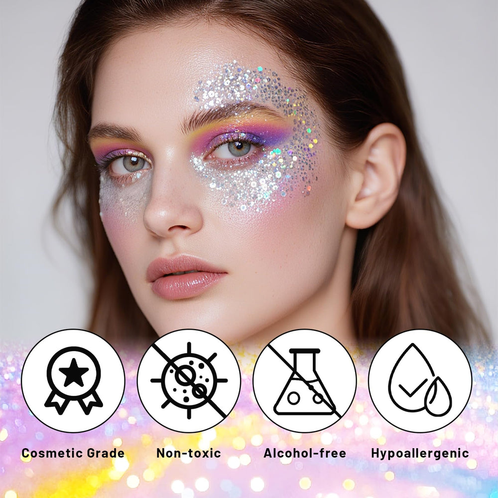 DAGEDA chunky glitter texture close-up showing holographic particles and high-reflective effect benefit