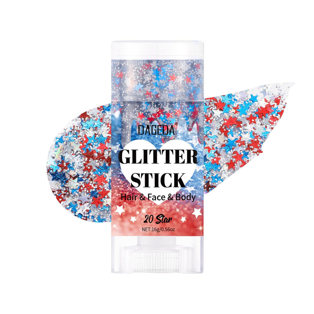 DAGEDA star-shaped glitter stick front packaging showing patriotic colors and convenience