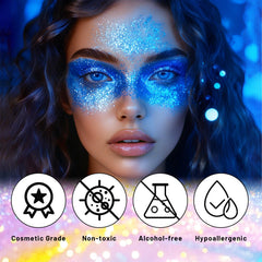 DAGEDA stick applied on cheekbone highlighting festival-ready shimmer