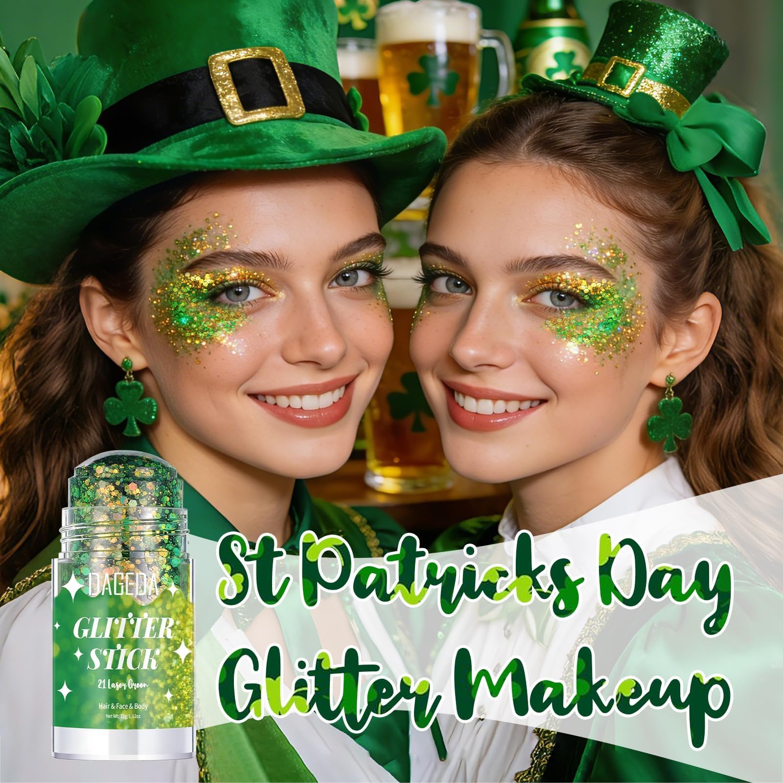 DAGEDA glitter stick applied on cheekbone highlighting luminous green sparkle