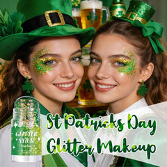DAGEDA glitter stick applied on cheekbone highlighting luminous green sparkle