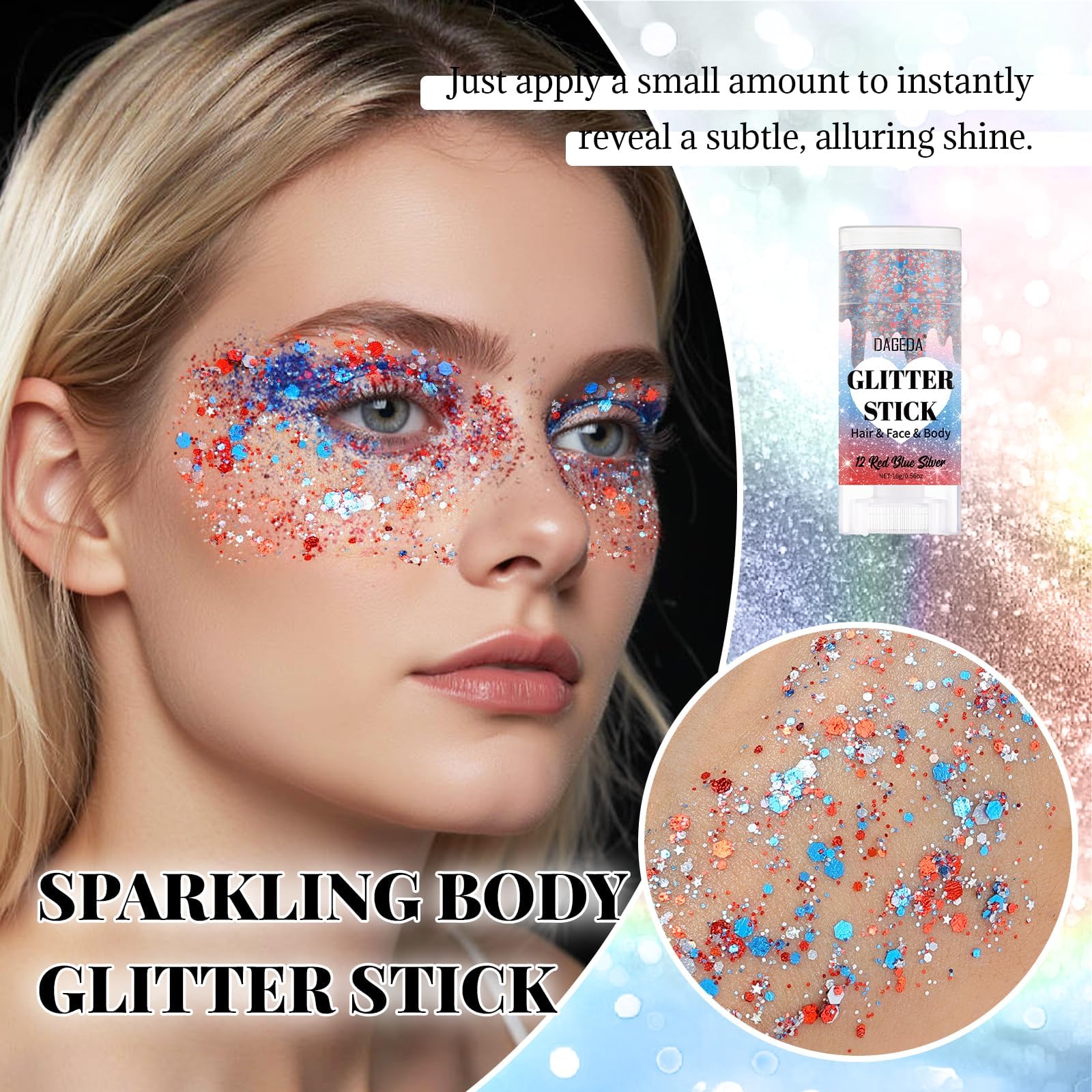 DAGEDA close-up of glitter stick texture highlighting chunky sparkle
