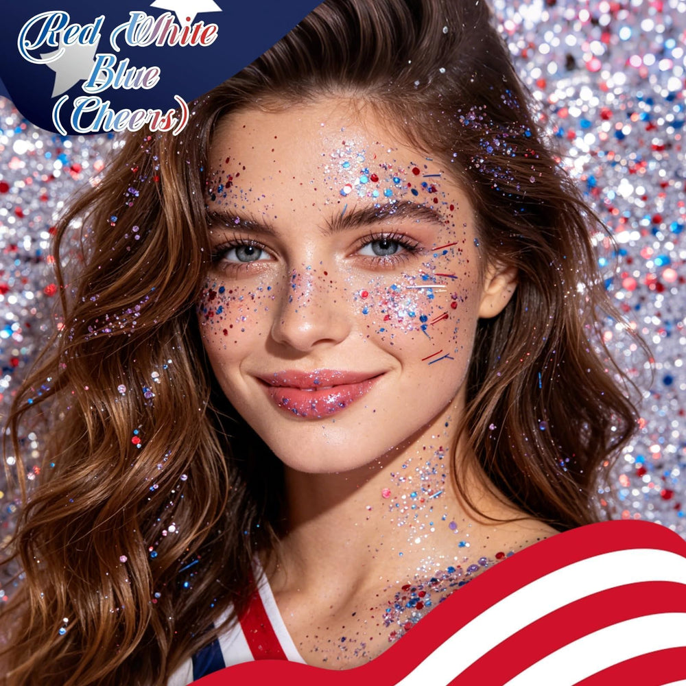 DAGEDA close-up of red white blue sequin texture for vivid holographic sparkle